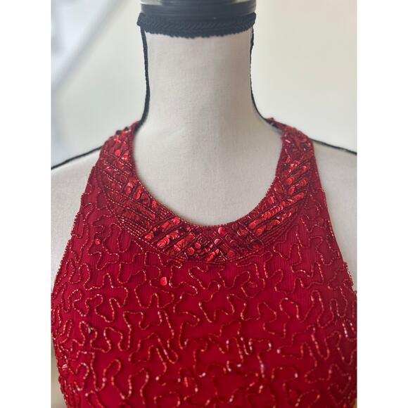 Vintage Y2K Cache Silk Red Beaded Backless Maxi Slit Gown - Picture 8 of 12